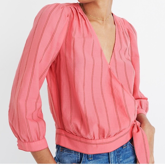 Madewell | pink striped wrap top size Medium - Picture 2 of 7